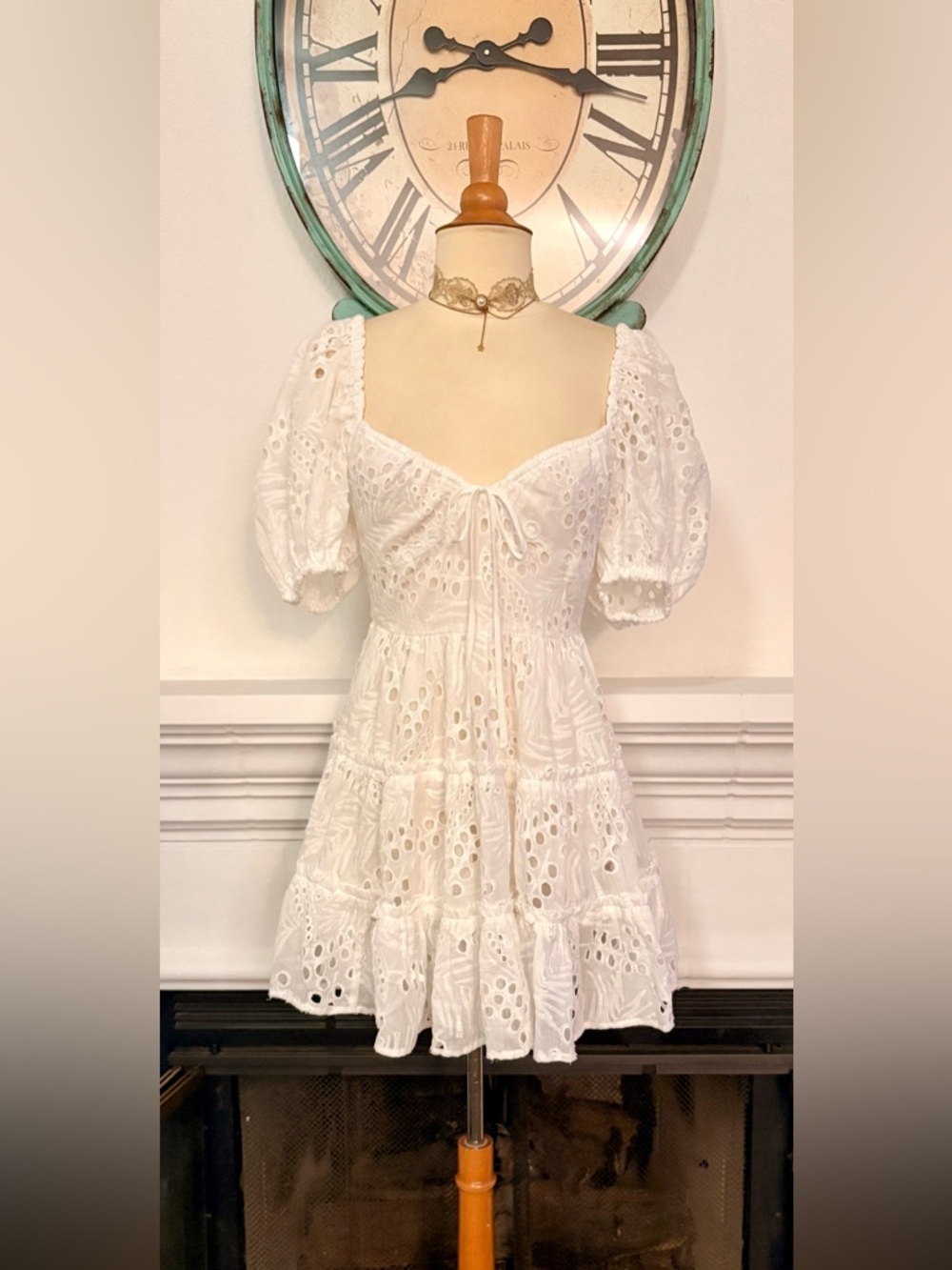 Aqua White Eyelet Puff-Sleeve Mini Dress